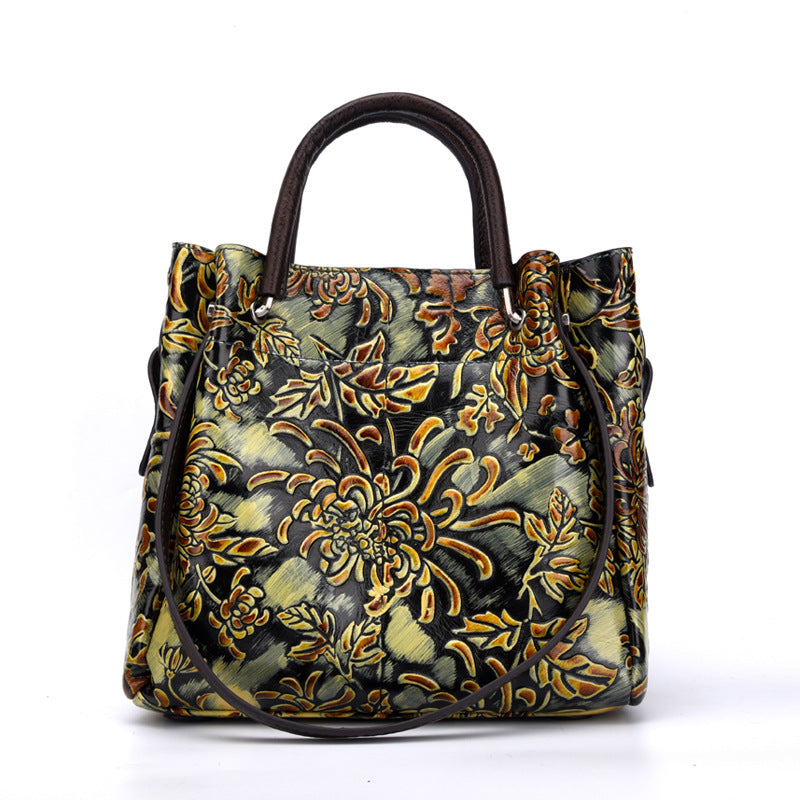 Floral Embossed Three Dimensional Genuine Leather Messenger Bag For Women