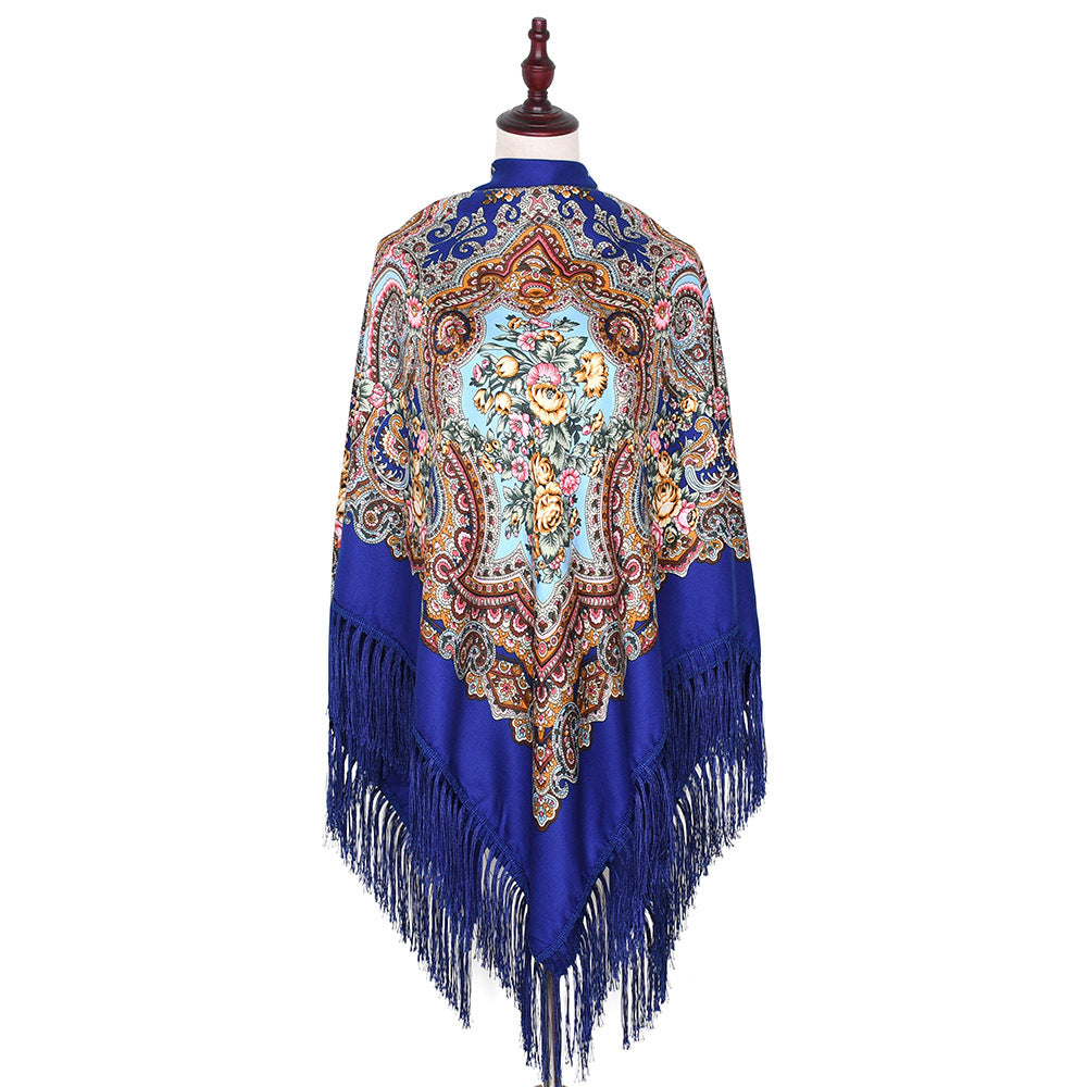 Vintage Twill Tassel Ethnic Print Cotton Blend Shawl 135x135cm