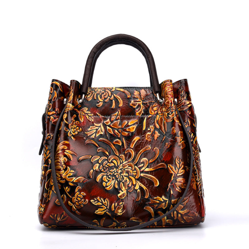 Floral Embossed Three Dimensional Genuine Leather Messenger Bag For Women
