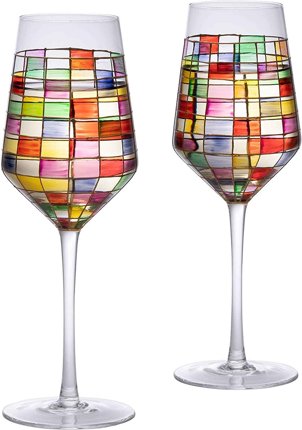 The Wine Savant Renaissance Stained Wine Glasses Set of 2 Festive Colorful Coffee Cups, Multicolored, Home Bar Gift, Colored Drinkware, Rainbow Glassware (Stemmed)