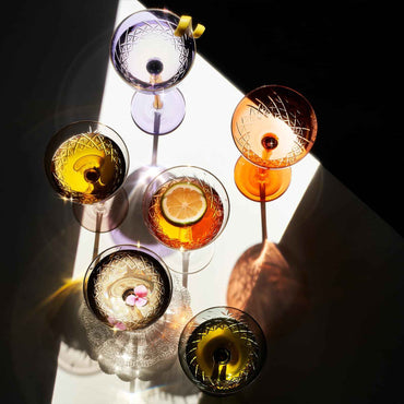 Vintage Art Deco Coupe for Champagne, Martini, Cocktails| Set of 2 | 7 oz Classic Cocktail Glassware - Manhattan, Cosmopolitan, Sidecar, Crystal Speakeasy Style Saucer Goblets with Stems (Pink)