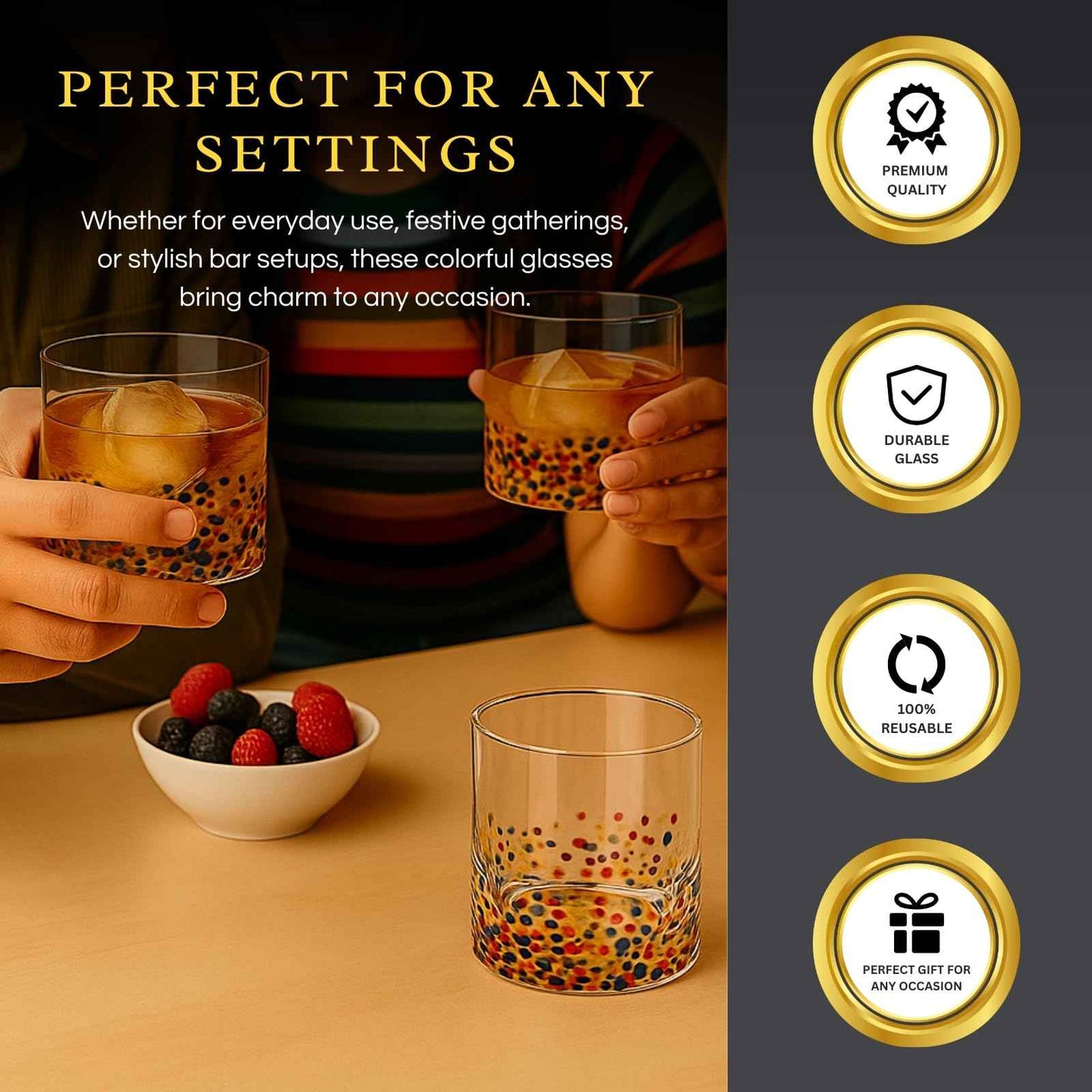 Large Confetti  DOF Glasses – Set of 2- 11oz Luxury Hand Blown Confetti Whiskey, Margarita, Martini, Cocktails, Water, Wine, Dessert & Champagne Glasses Cinco de Mayo, Hand Blown - Mexican Water Glass