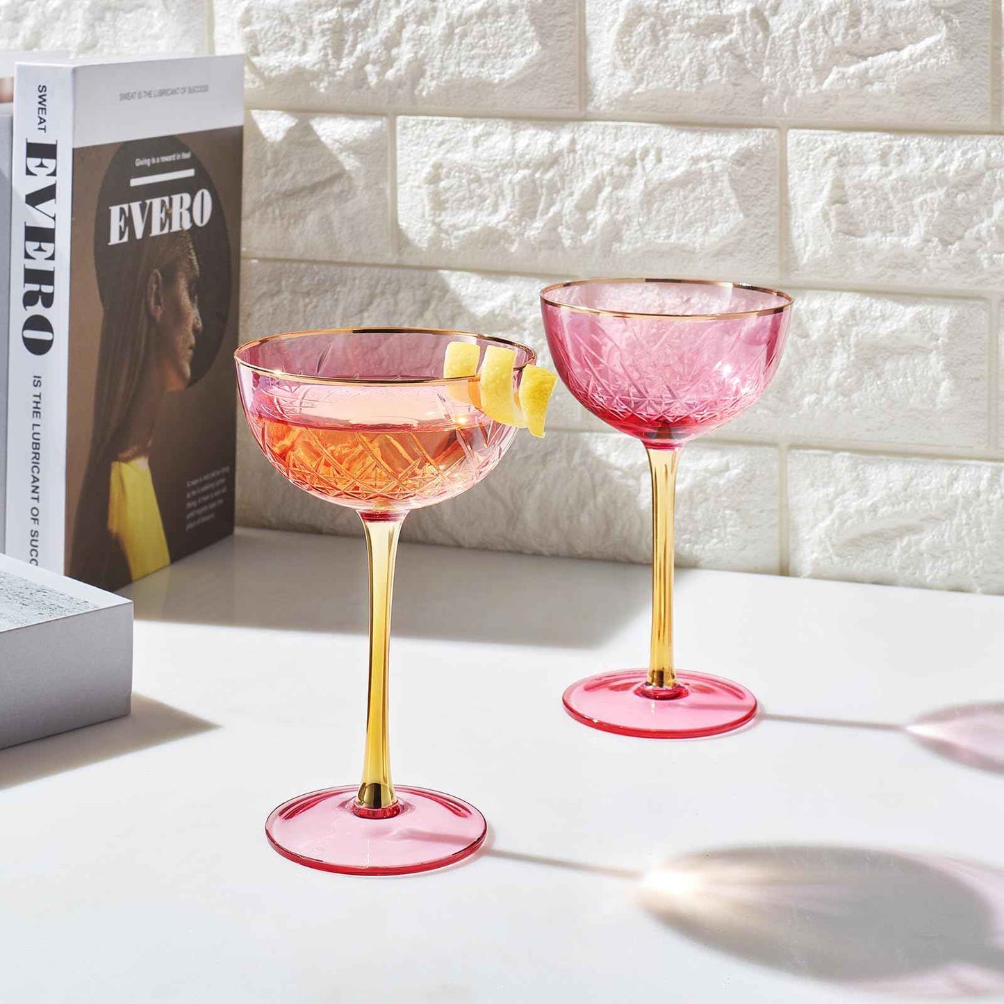 Vintage Art Deco Coupe for Champagne, Martini, Cocktails| Set of 2 | 7 oz Classic Cocktail Glassware - Manhattan, Cosmopolitan, Sidecar, Crystal Speakeasy Style Saucer Goblets with Stems (Pink)