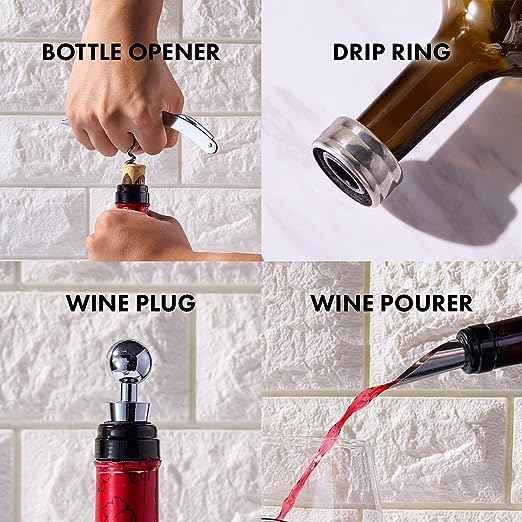 Painted STEMMED wine glass box set - opener, stopper, drip ring, wine pourer - 2 glasses