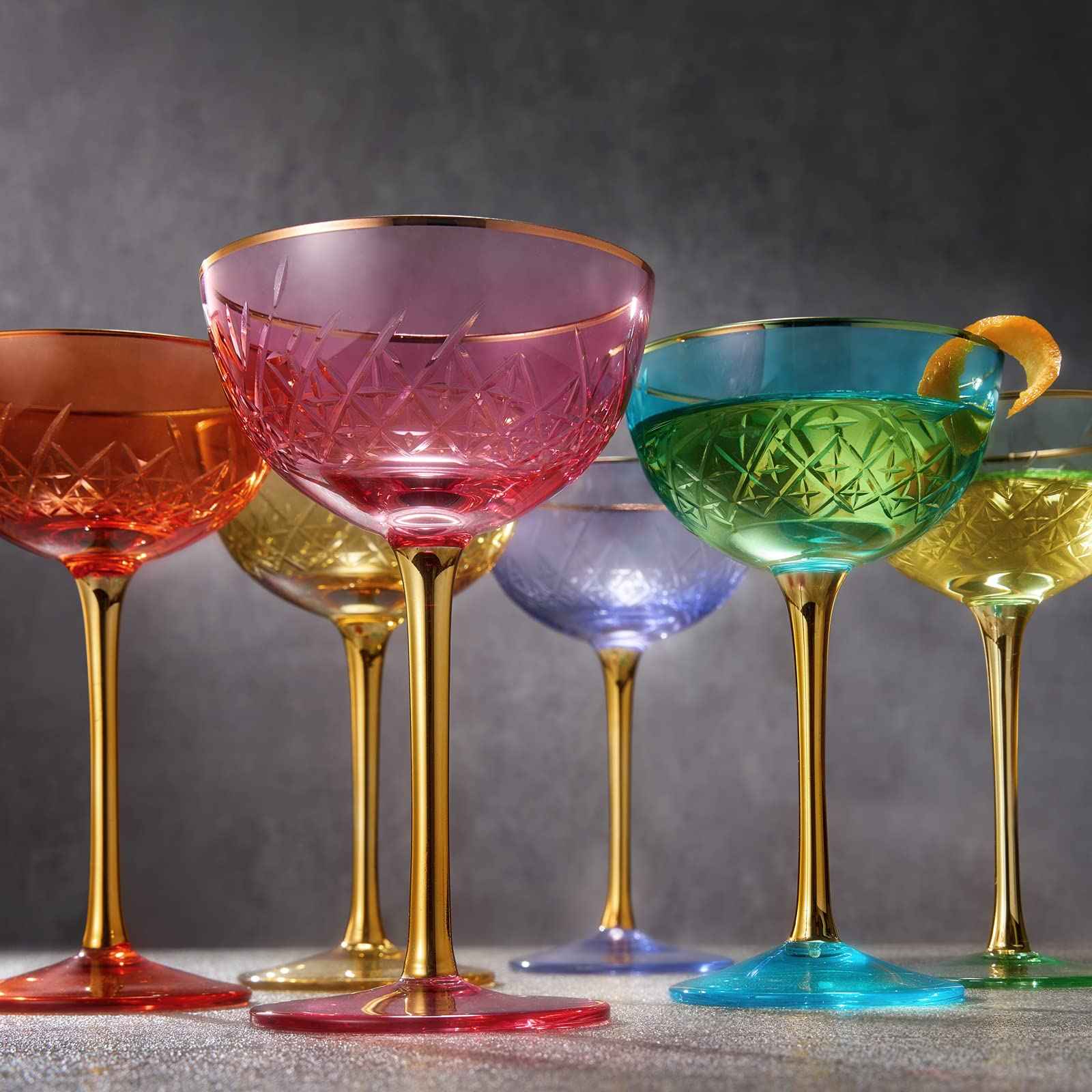 Vintage Art Deco Coupe for Champagne, Martini, Cocktails| Set of 2 | 7 oz Classic Cocktail Glassware - Manhattan, Cosmopolitan, Sidecar, Crystal Speakeasy Style Saucer Goblets with Stems (Pink)