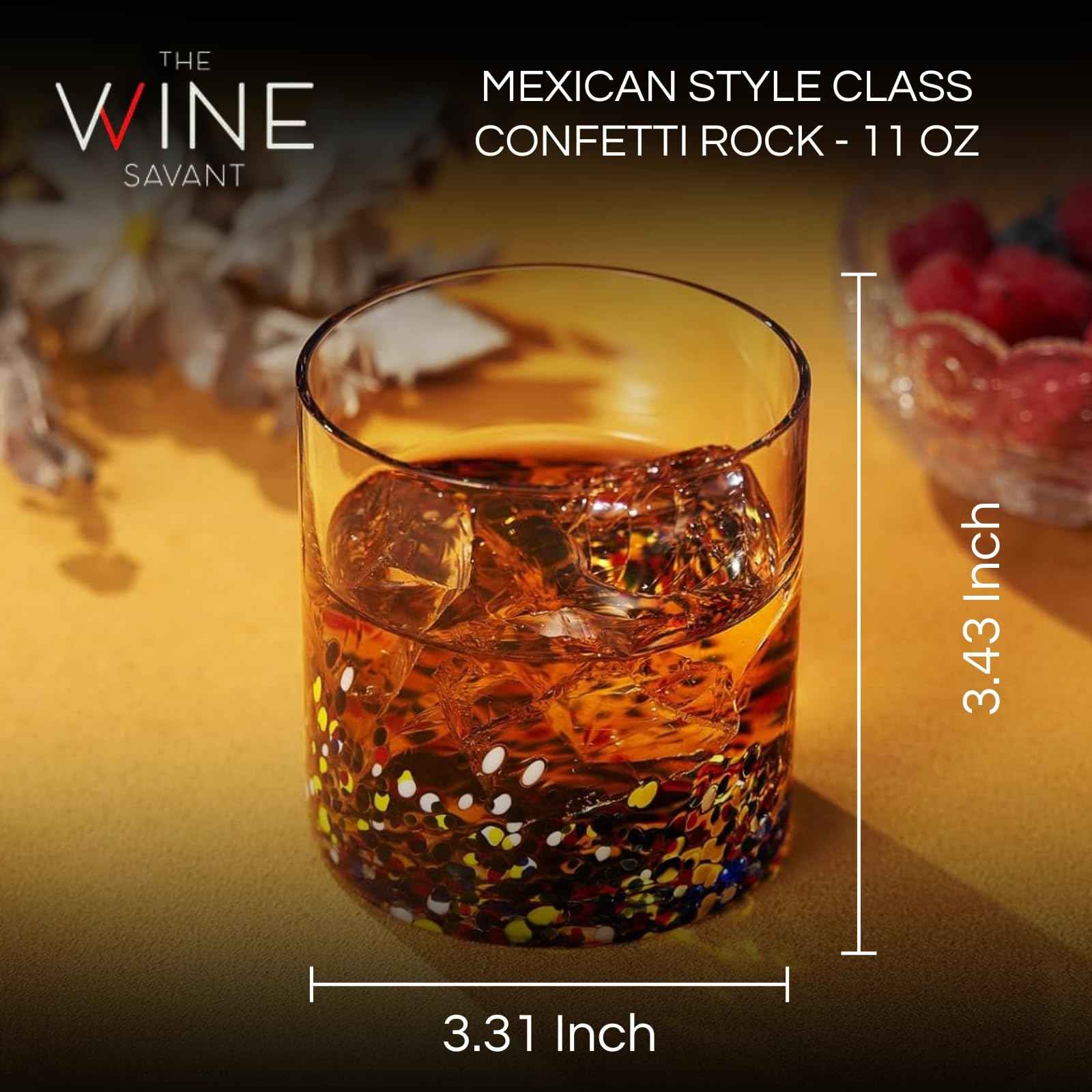 Large Confetti  DOF Glasses – Set of 2- 11oz Luxury Hand Blown Confetti Whiskey, Margarita, Martini, Cocktails, Water, Wine, Dessert & Champagne Glasses Cinco de Mayo, Hand Blown - Mexican Water Glass