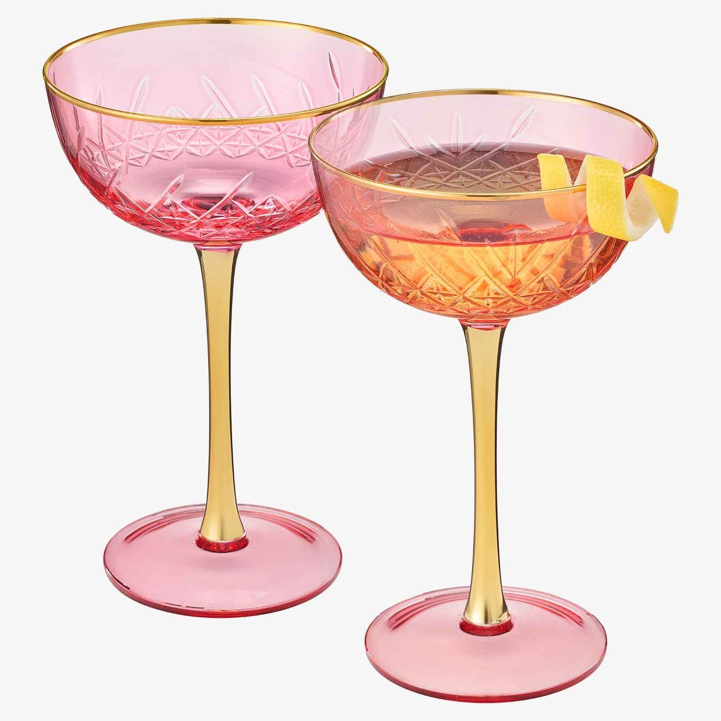 Vintage Art Deco Coupe for Champagne, Martini, Cocktails| Set of 2 | 7 oz Classic Cocktail Glassware - Manhattan, Cosmopolitan, Sidecar, Crystal Speakeasy Style Saucer Goblets with Stems (Pink)