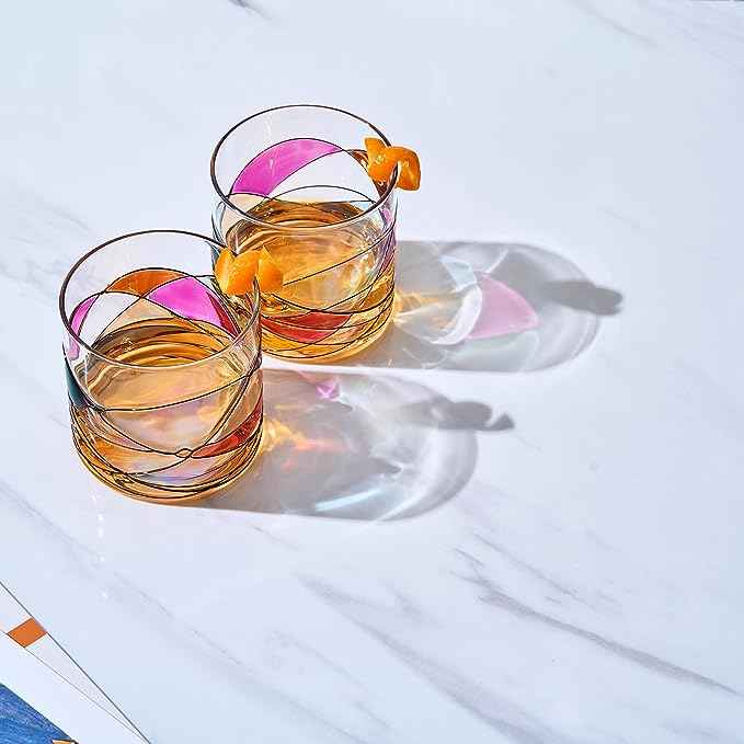 Artisanal Hand Painted Whiskey - Gift for Dad, Friends, Boyfriends, Renaissance Romantic Stain-glassed Windows Cocktail Glasses Set of 2 - Gift Idea for Birthday, Housewarming - 9.6 OZ Glassware