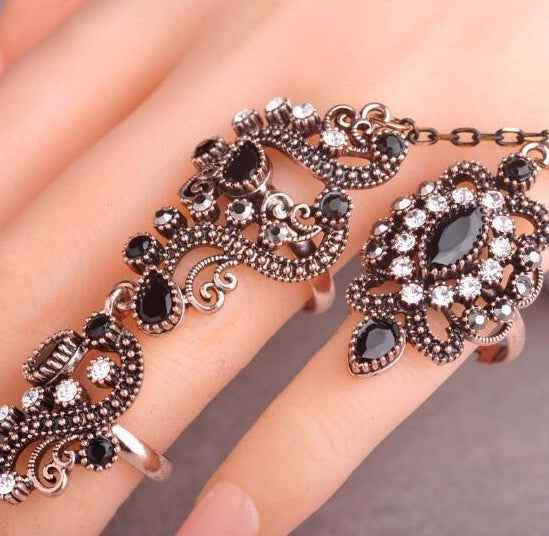 Turkish Multicolor Resin Double Finger Ring Set for Women Vintage Jewelry