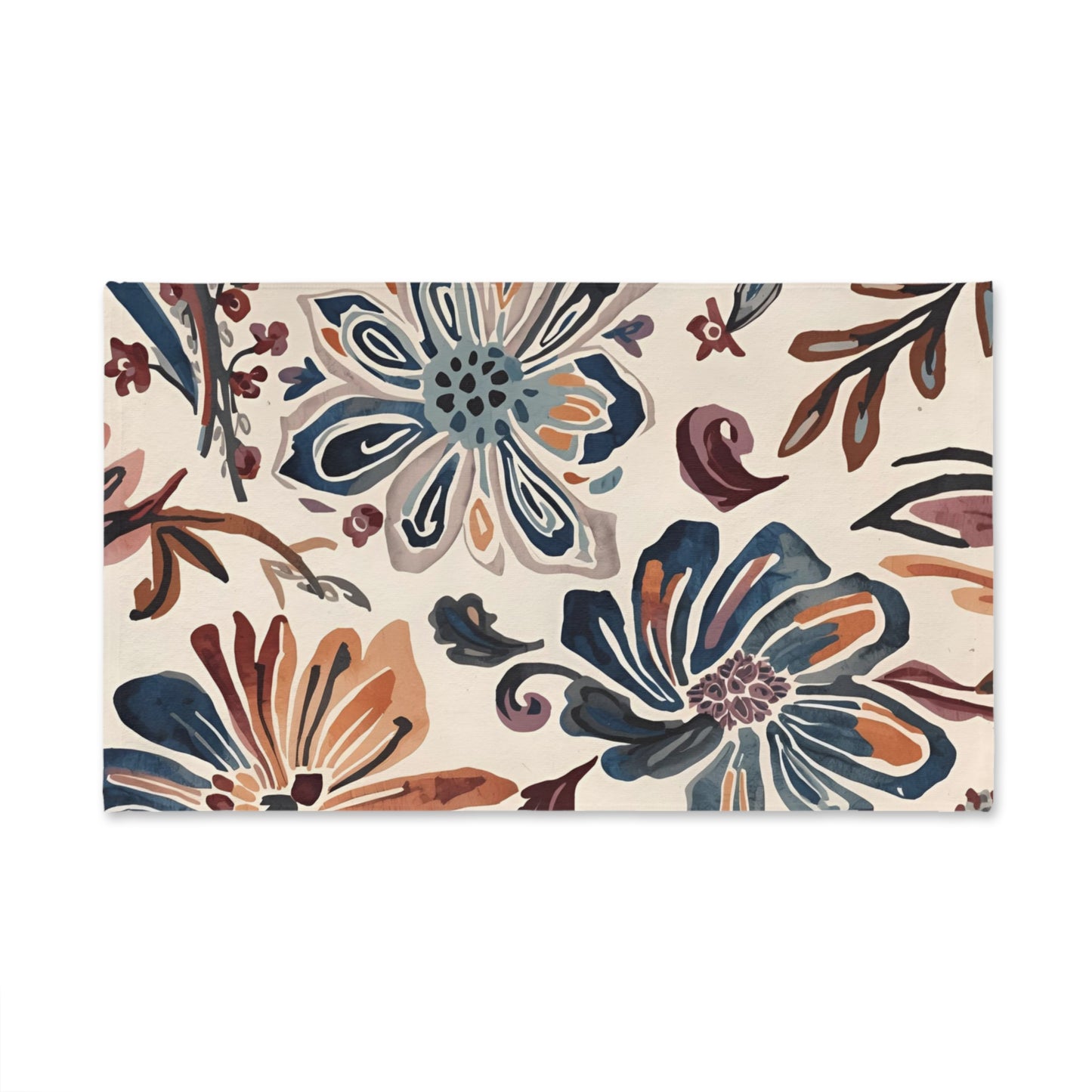Floral Watercolor Hand Towel — Boho Blue & Terracotta Kitchen or Bath Accent