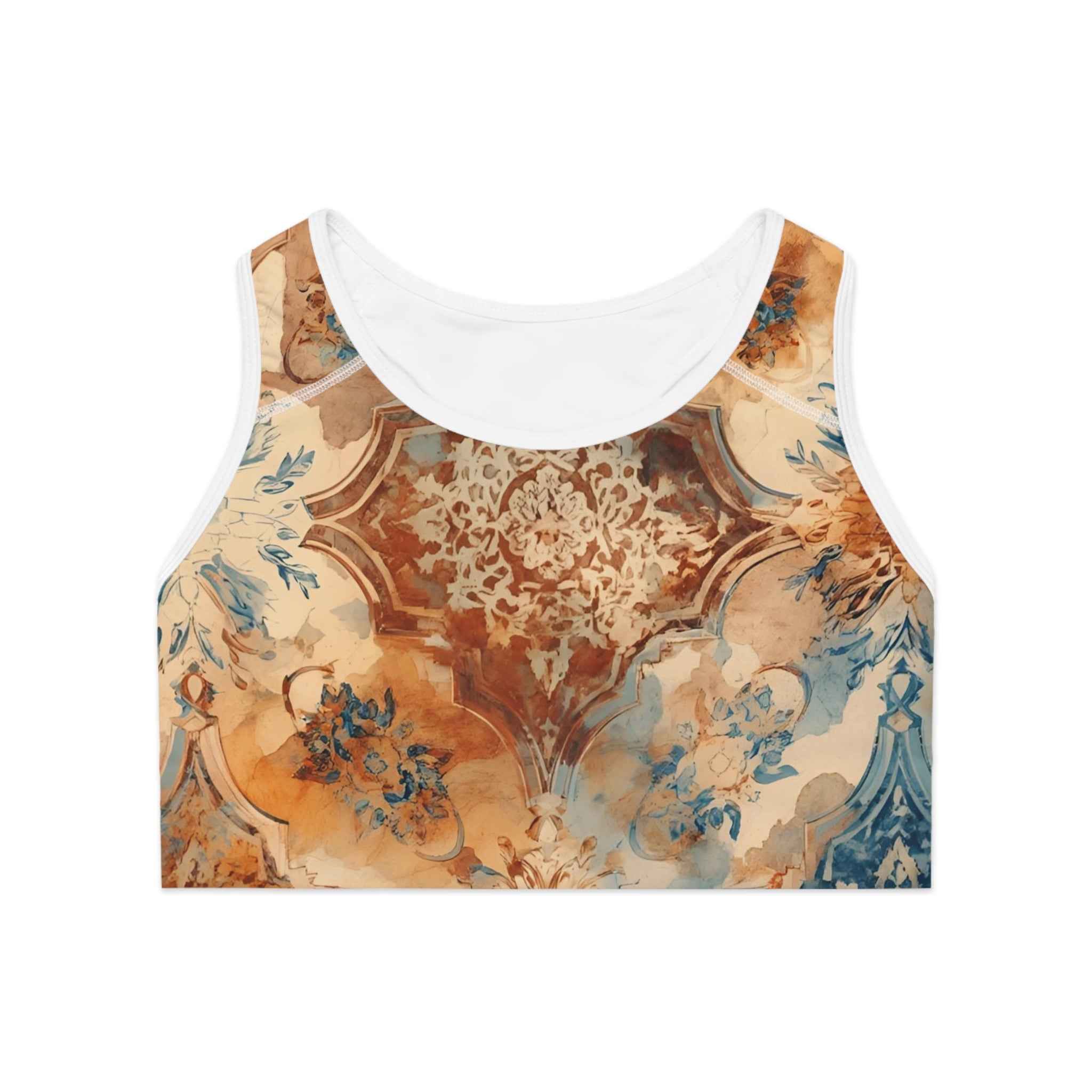 Vintage Floral Mosaic Sports Bra Boho Athletic Crop Top
