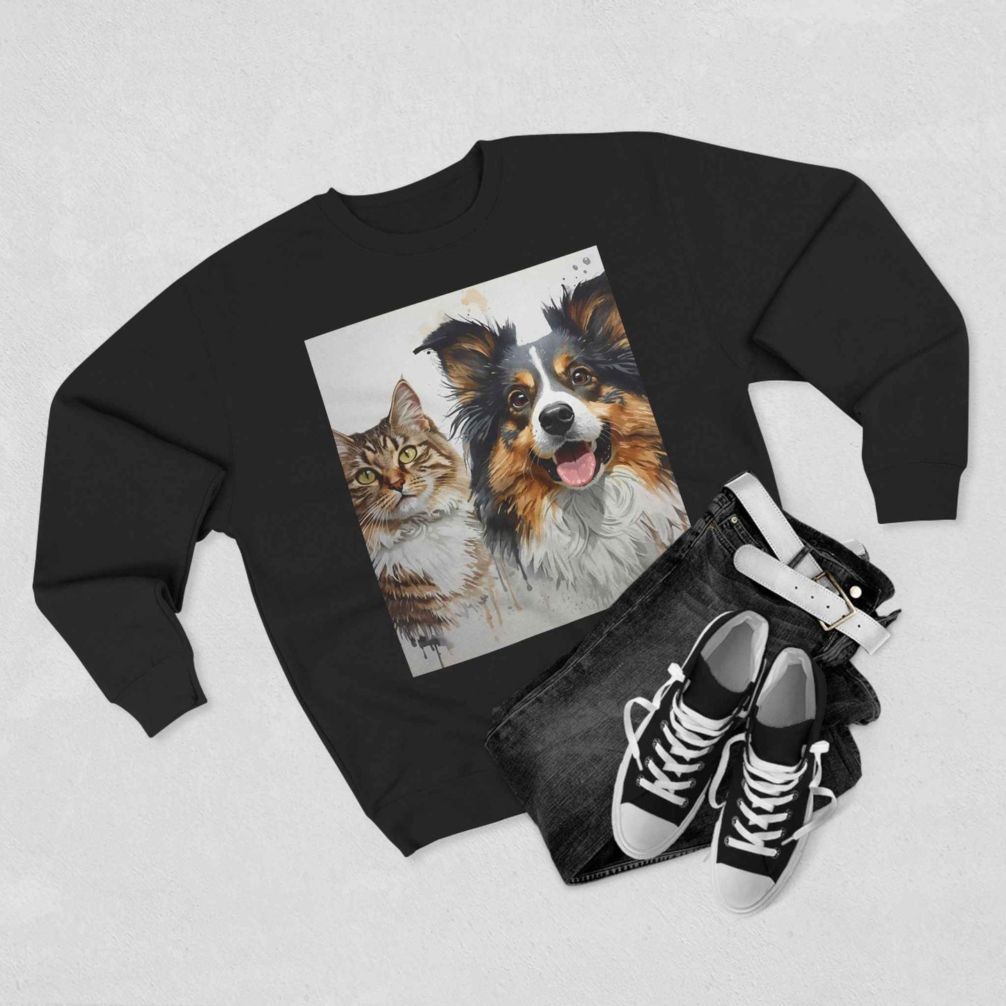 Pet Portrait Crewneck Sweatshirt With Dog And Cat Watercolor Print