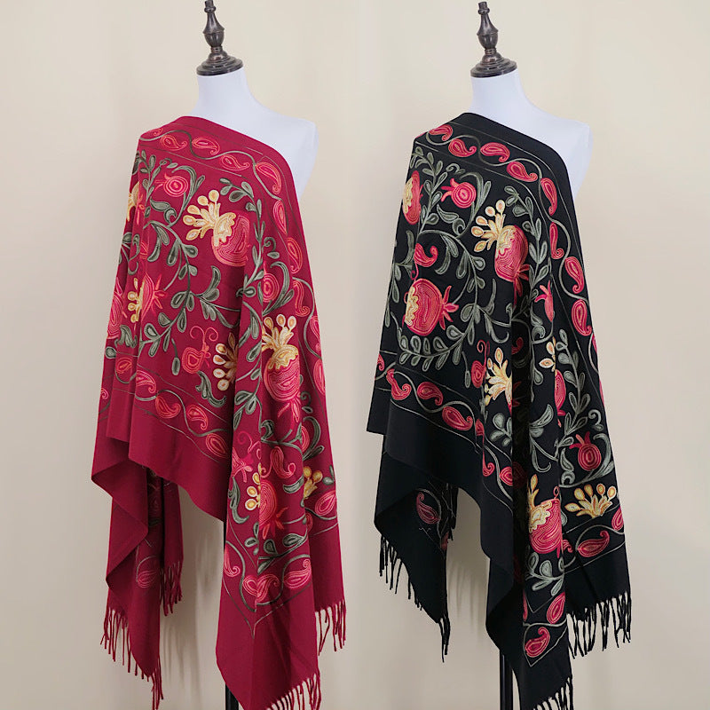 Gourd Pomegranate Blossom Embroidered Imitation Cashmere Scarf Shawl