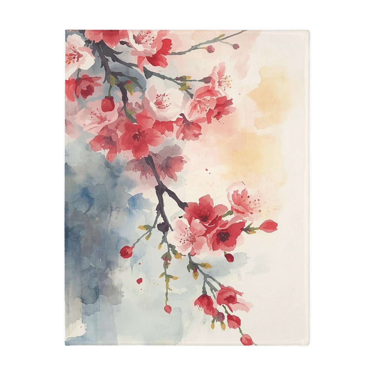 Floral Watercolor Cherry Blossom Blanket — Velveteen Microfiber Throw