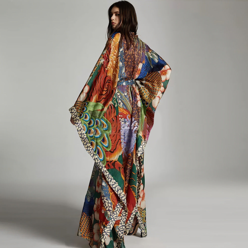 dragon and phoenix flower kimono robe styled as beach cover up
