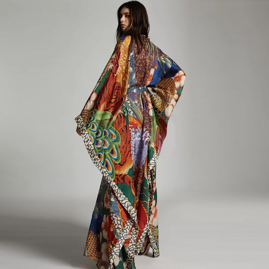 dragon and phoenix flower kimono robe styled as beach cover up
