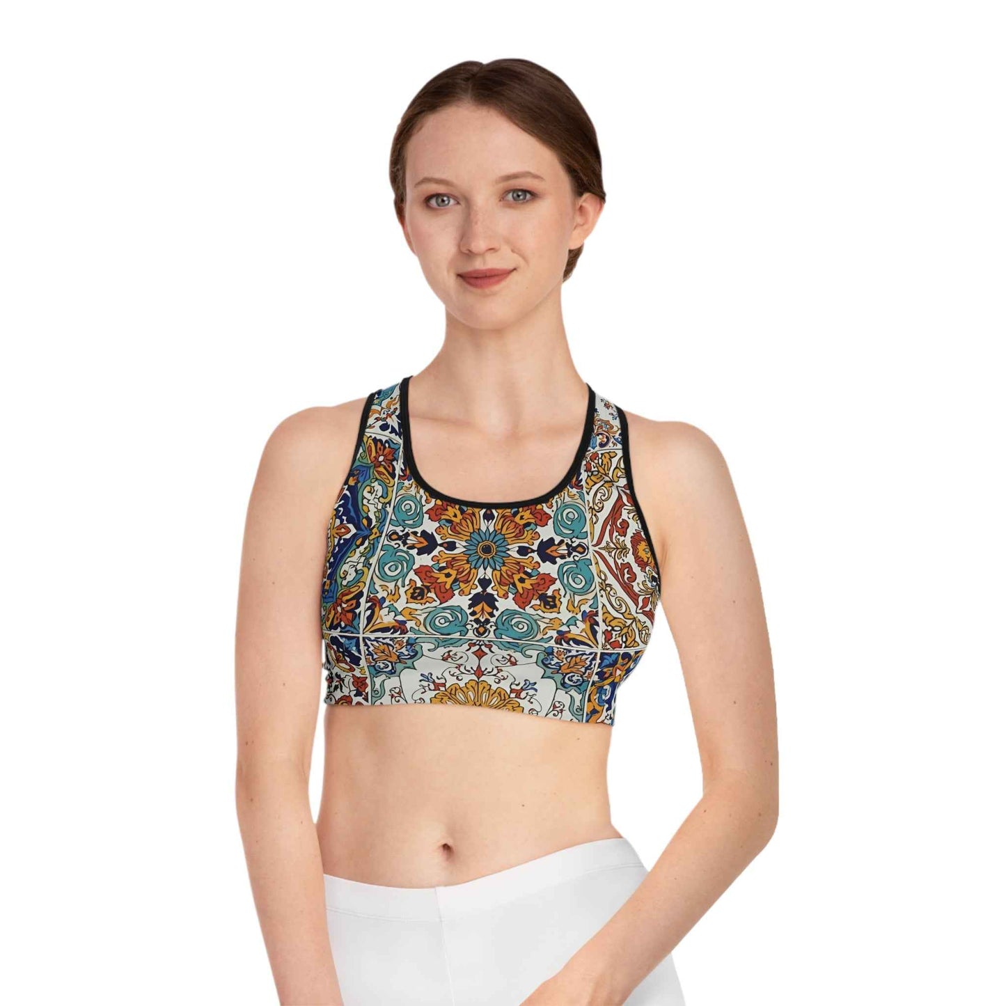 Boho Tile Print Sports Bra Moroccan Mosaic Activewear