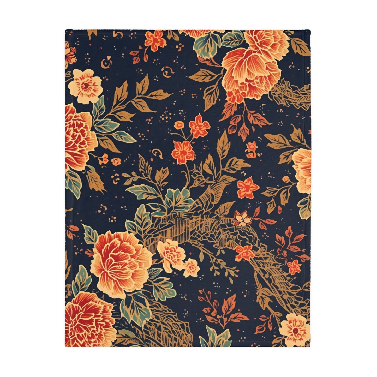 Floral Koi Velvet Microfiber Blanket — Vintage Navy Garden Throw