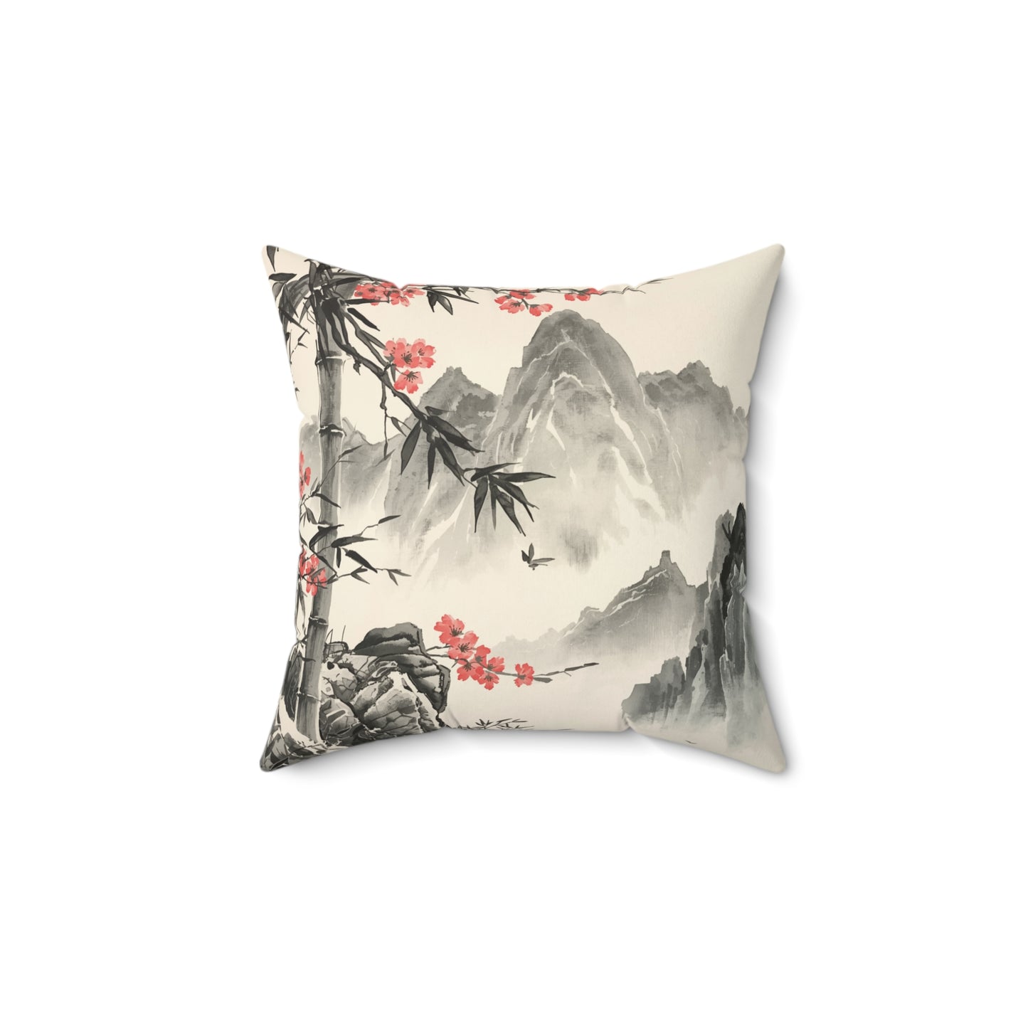 Suede Square Pillow — Asian Ink Landscape with Cherry Blossoms