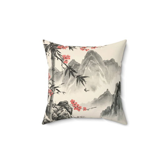 Suede Square Pillow — Asian Ink Landscape with Cherry Blossoms