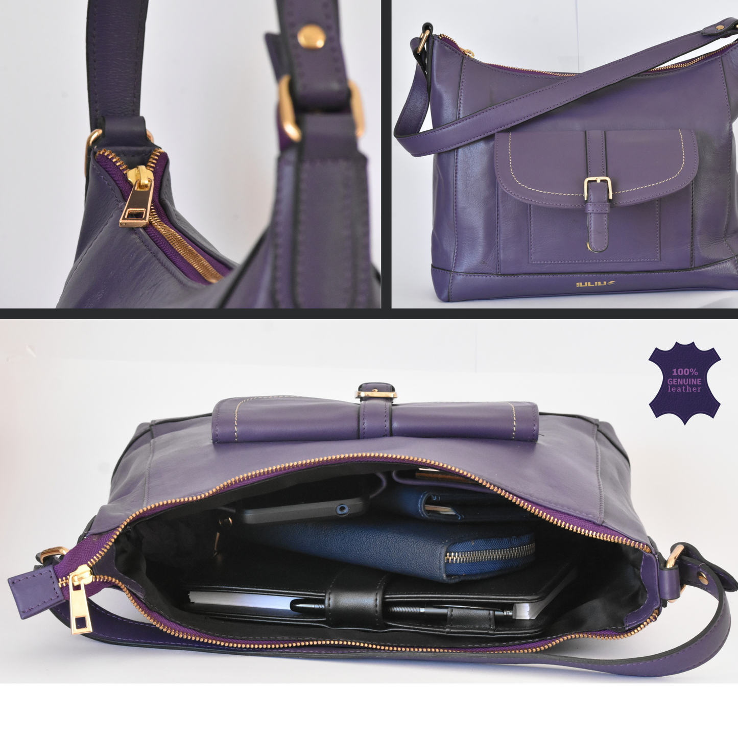 Everyday purple leather shoulder purse with front flap pocket