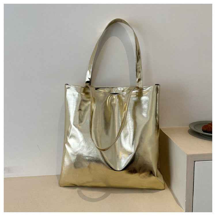 Portable Large Capacity PU Leather Shiny Shoulder Bag Commuter Tote