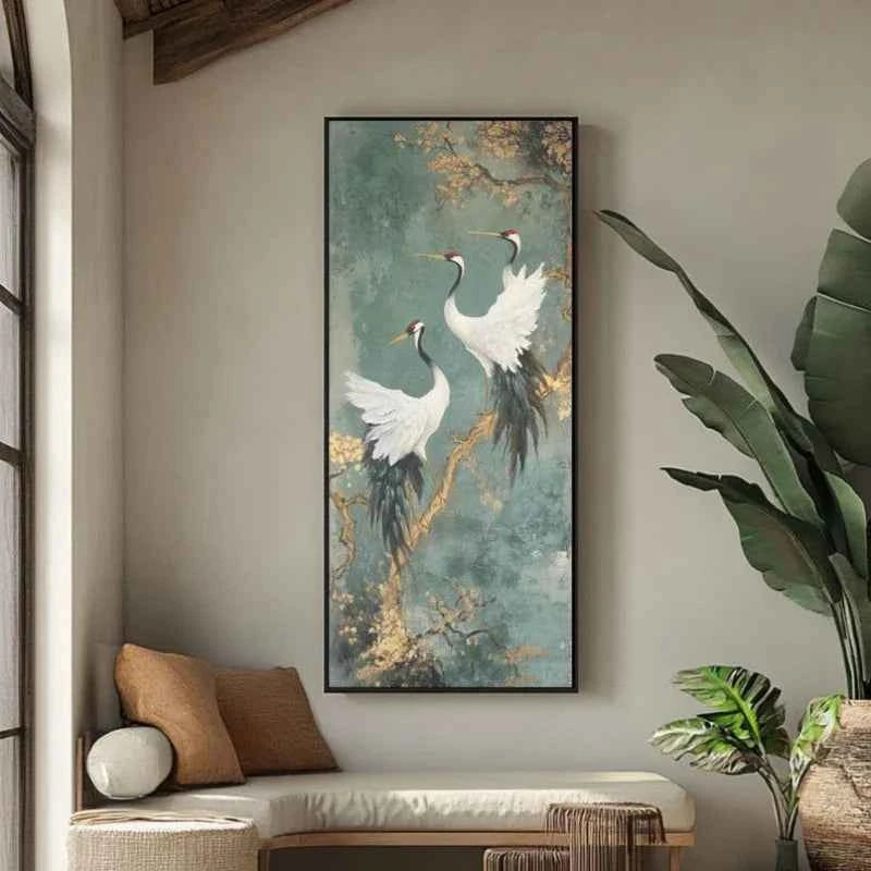 Japanese Style Golden Crane Decorative Poster, Luxury Canvas Painting Vertical Frameless Mural for Entrance Hallway