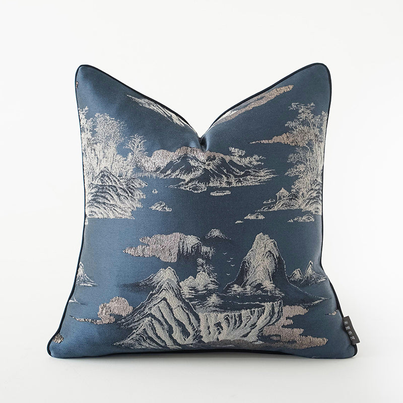 Oriental Landscape Embroidered Cushion Cover | Chinoiserie Accent Pillow
