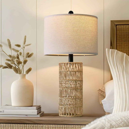 Handwoven Rattan Mushroom Table Lamp Vintage Bohemian Decor Piece