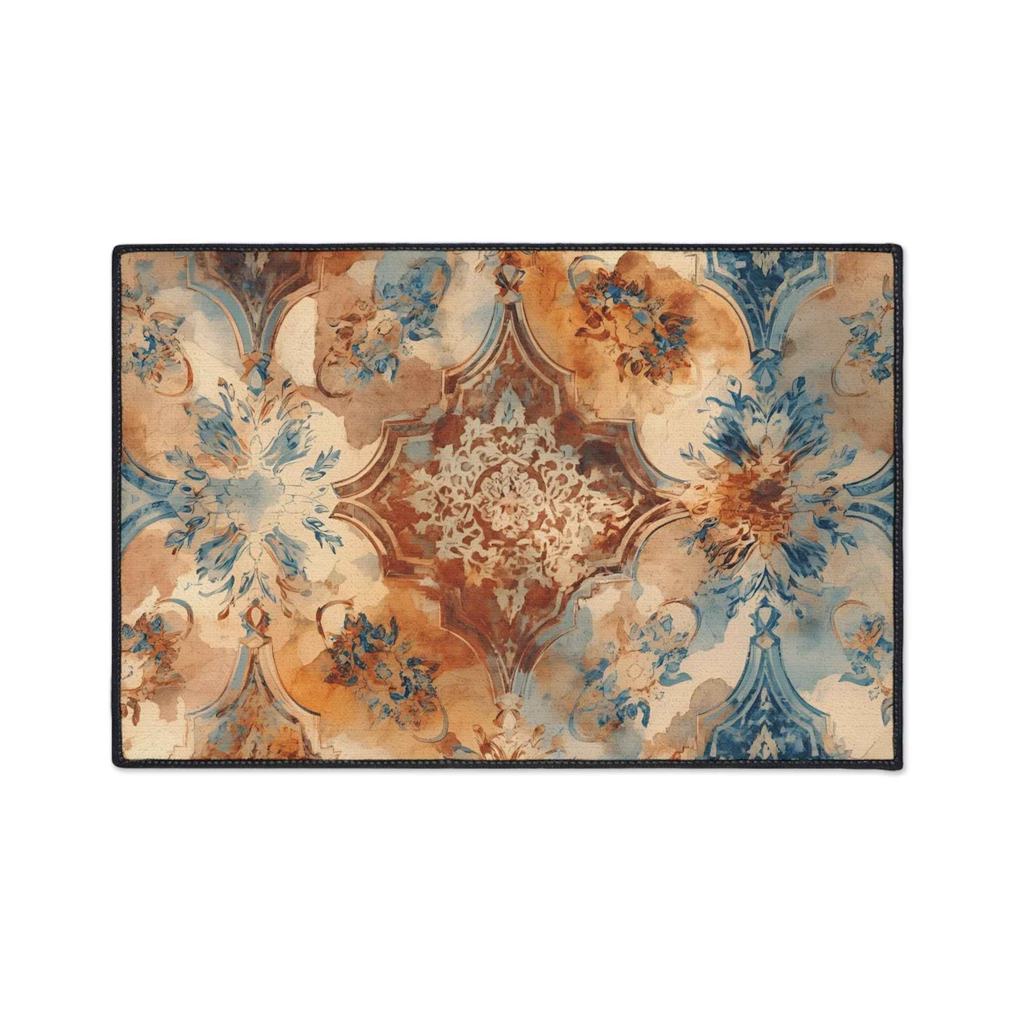 Vintage Floral Heavy-Duty Floor Mat — Ornate Blue & Rust Entry Rug