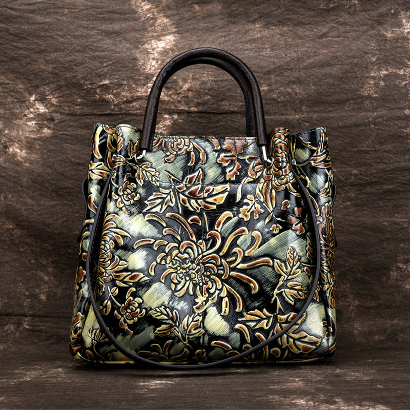 Floral Embossed Three Dimensional Genuine Leather Messenger Bag For Women