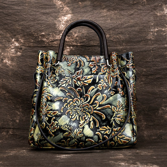 Floral Embossed Three Dimensional Genuine Leather Messenger Bag For Women