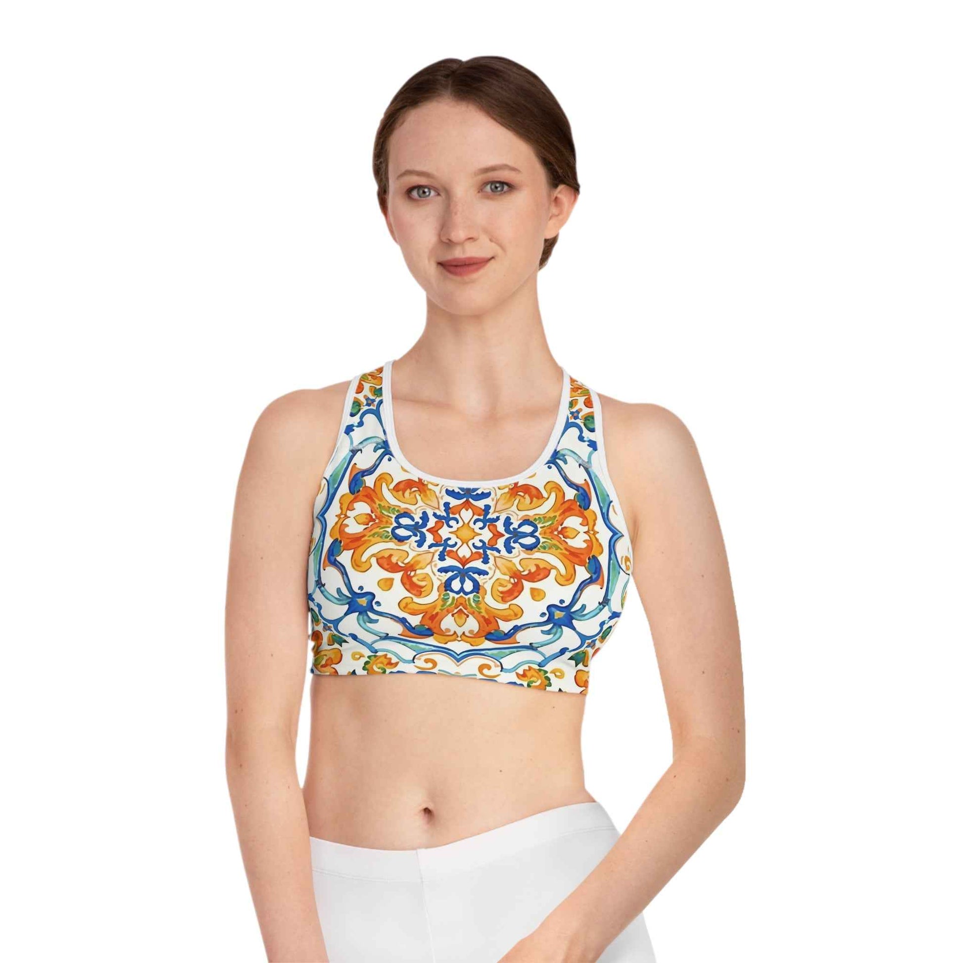 Mediterranean Tile Compression Sports Bra Orange Blue Allover Print