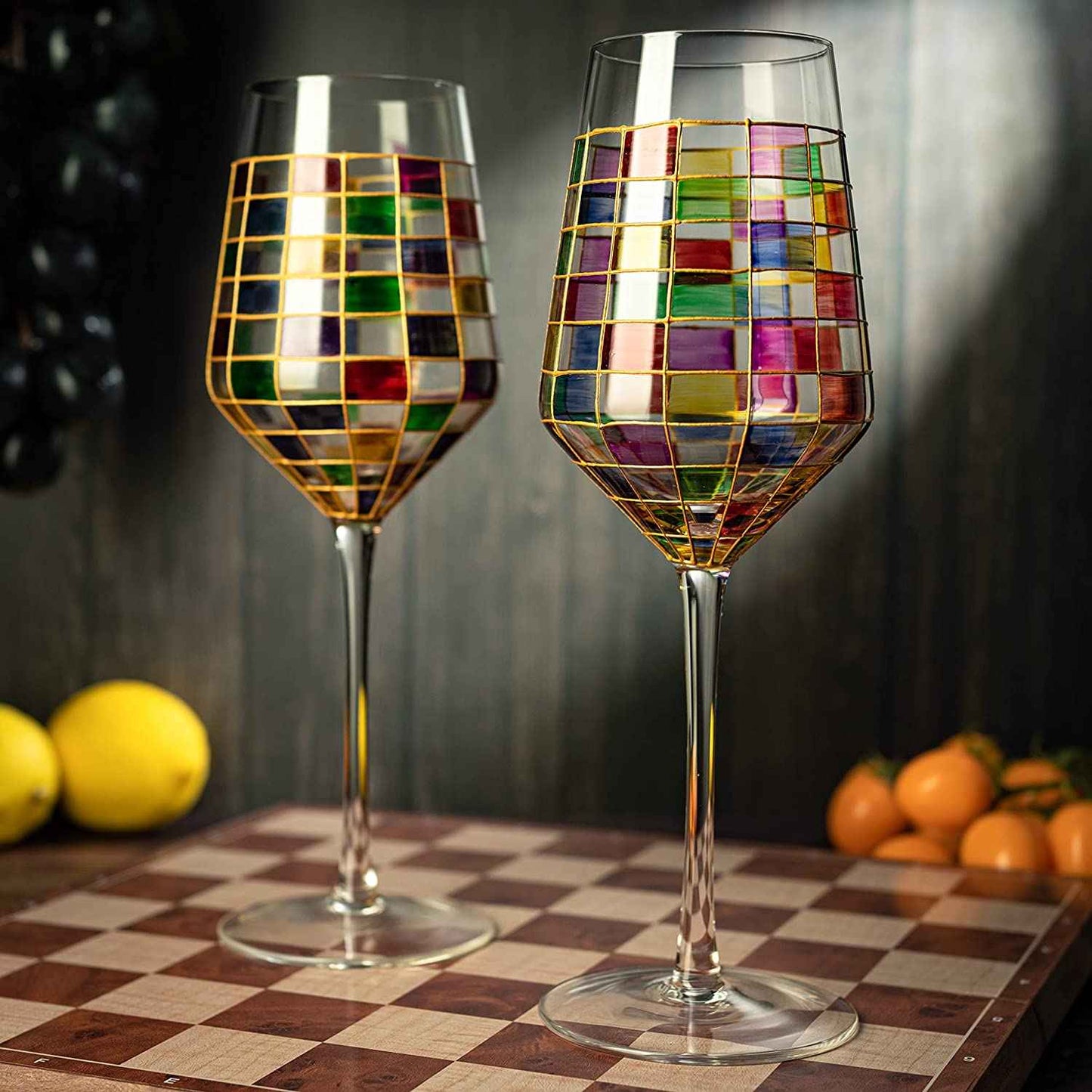 The Wine Savant Renaissance Stained Wine Glasses Set of 2 Festive Colorful Coffee Cups, Multicolored, Home Bar Gift, Colored Drinkware, Rainbow Glassware (Stemmed)