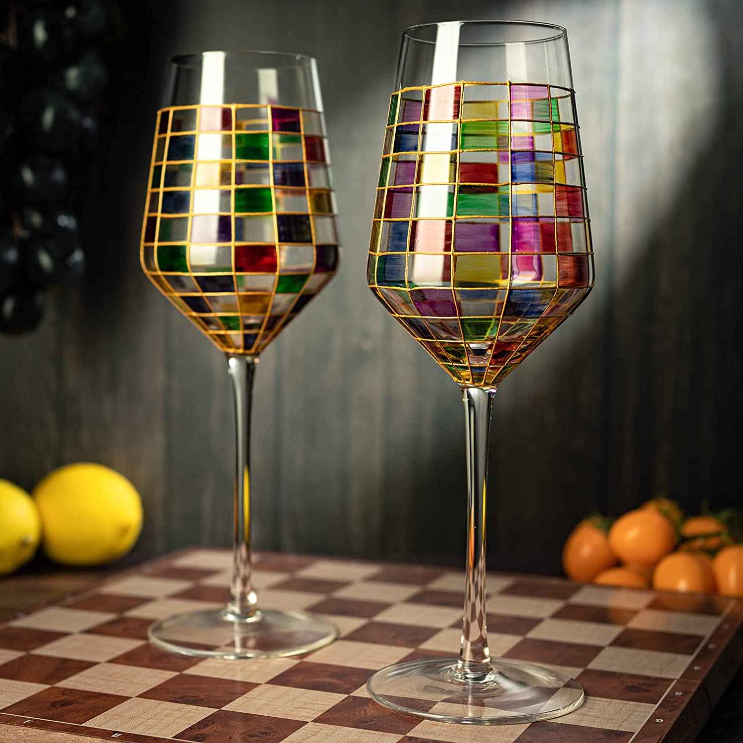 The Wine Savant Renaissance Stained Wine Glasses Set of 2 Festive Colorful Coffee Cups, Multicolored, Home Bar Gift, Colored Drinkware, Rainbow Glassware (Stemmed)