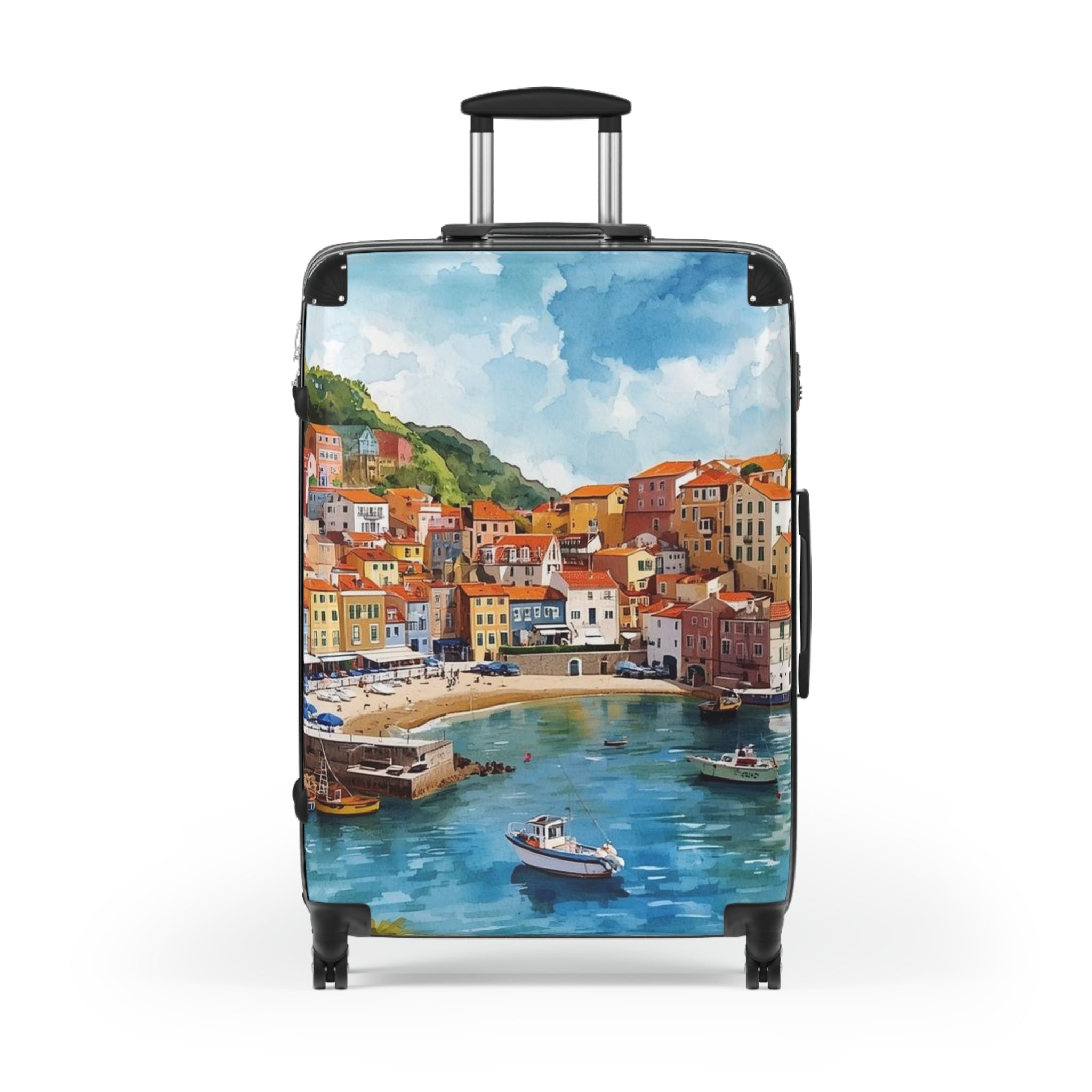 Portuguese Fishing Village Colorful Travel Suitcases by Rosetta Creative Boutique | Unique Luggage for Adventure Lovers, Vacation, Travel Gifts, Summer Getaways, Art-Inspired Baggage - Rosetta Creative Boutique