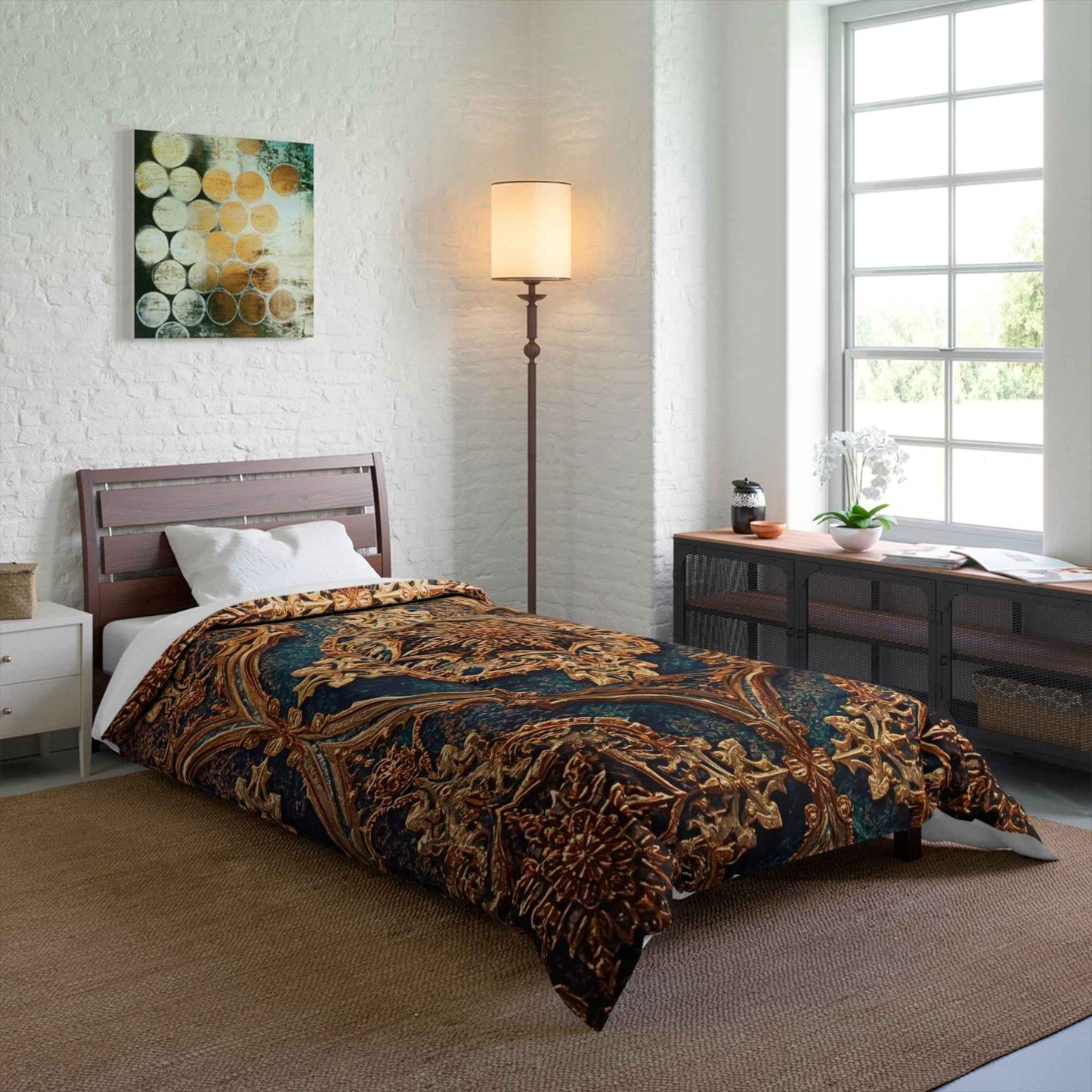 Baroque Ornate Comforter Vintage Gold Teal Medallion Bedding