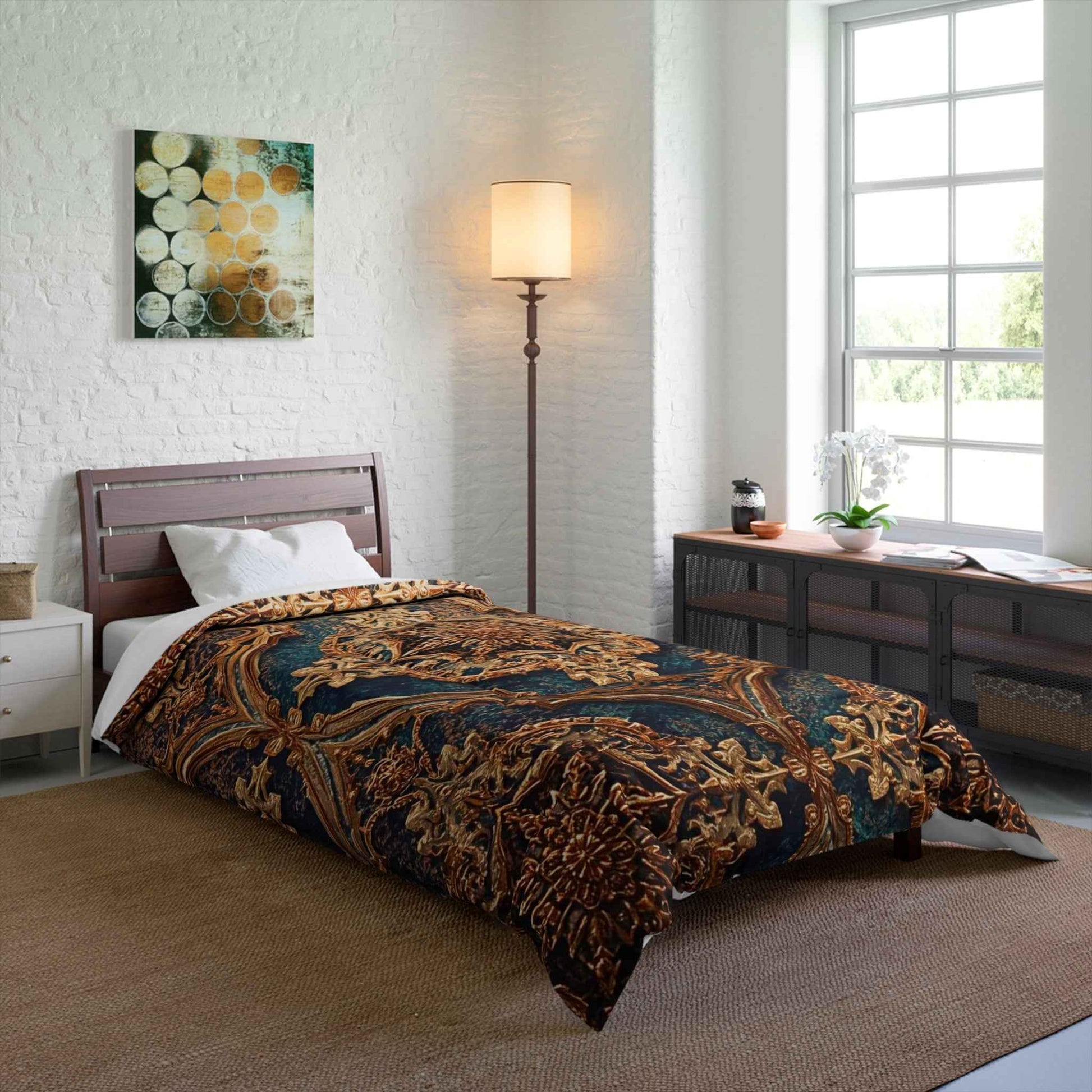 Baroque Ornate Comforter Vintage Gold Teal Medallion Bedding