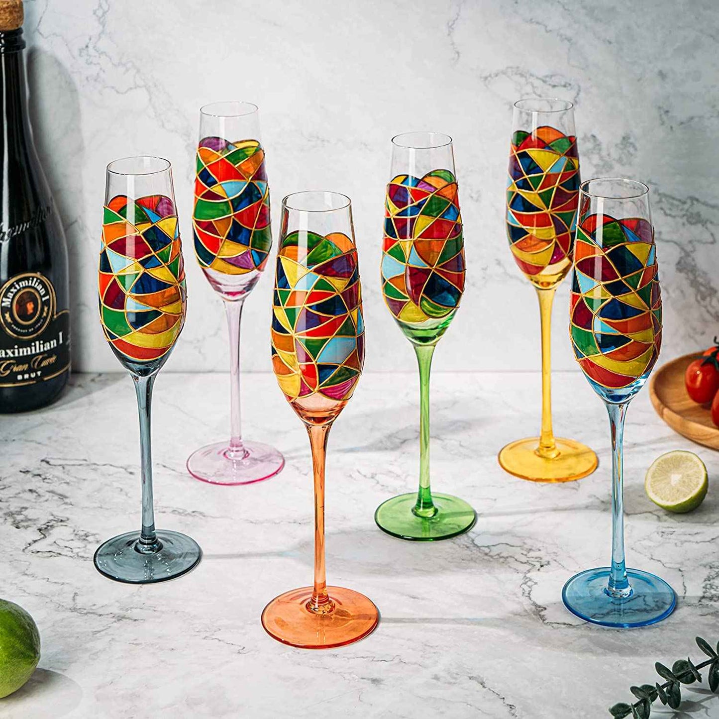 Stained Glass Champagne Flutes Set of 6 Hand Painted - Wine Savant - Hand Blown 7 Ounce Colorful Renaissance Champagne Glasses - 10.2" Tall, 2.7" Diameter Rainbow Multicolor Design Glassware
