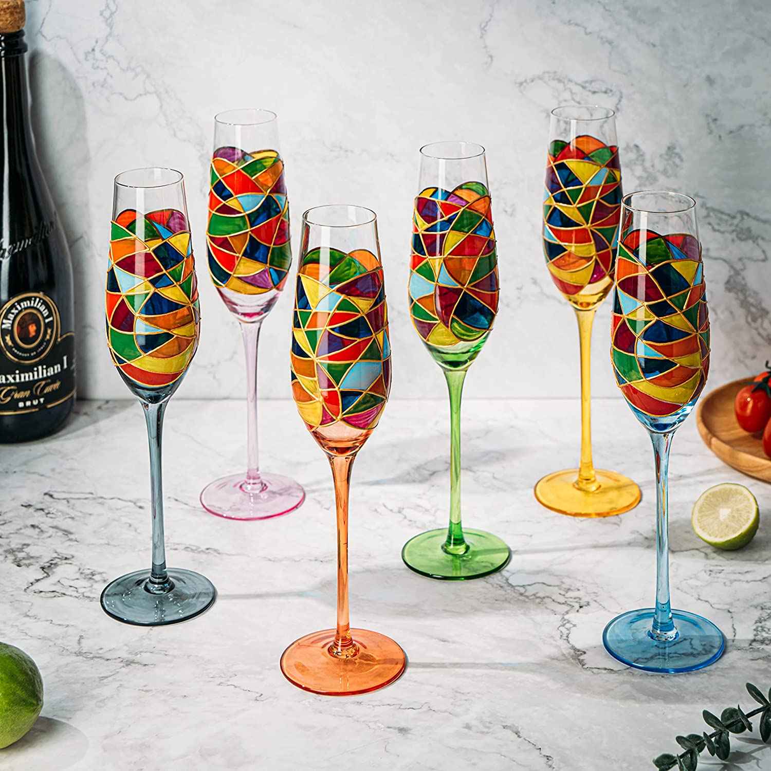 Stained Glass Champagne Flutes Set of 6 Hand Painted - Wine Savant - Hand Blown 7 Ounce Colorful Renaissance Champagne Glasses - 10.2" Tall, 2.7" Diameter Rainbow Multicolor Design Glassware