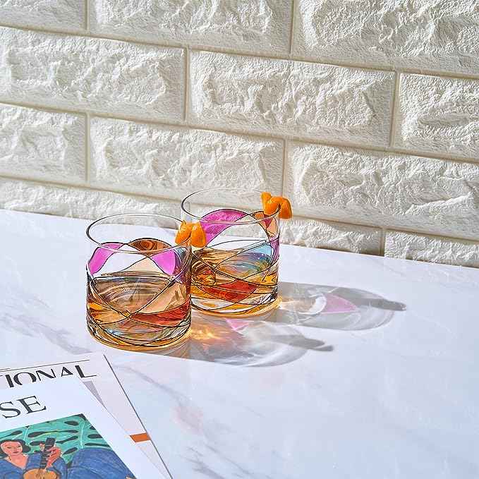 Artisanal Hand Painted Whiskey - Gift for Dad, Friends, Boyfriends, Renaissance Romantic Stain-glassed Windows Cocktail Glasses Set of 2 - Gift Idea for Birthday, Housewarming - 9.6 OZ Glassware