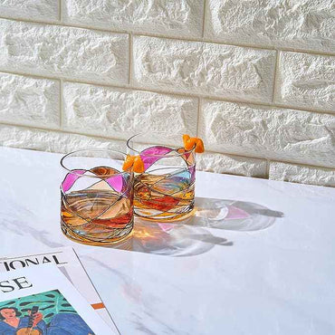 Artisanal Hand Painted Whiskey - Gift for Dad, Friends, Boyfriends, Renaissance Romantic Stain-glassed Windows Cocktail Glasses Set of 2 - Gift Idea for Birthday, Housewarming - 9.6 OZ Glassware