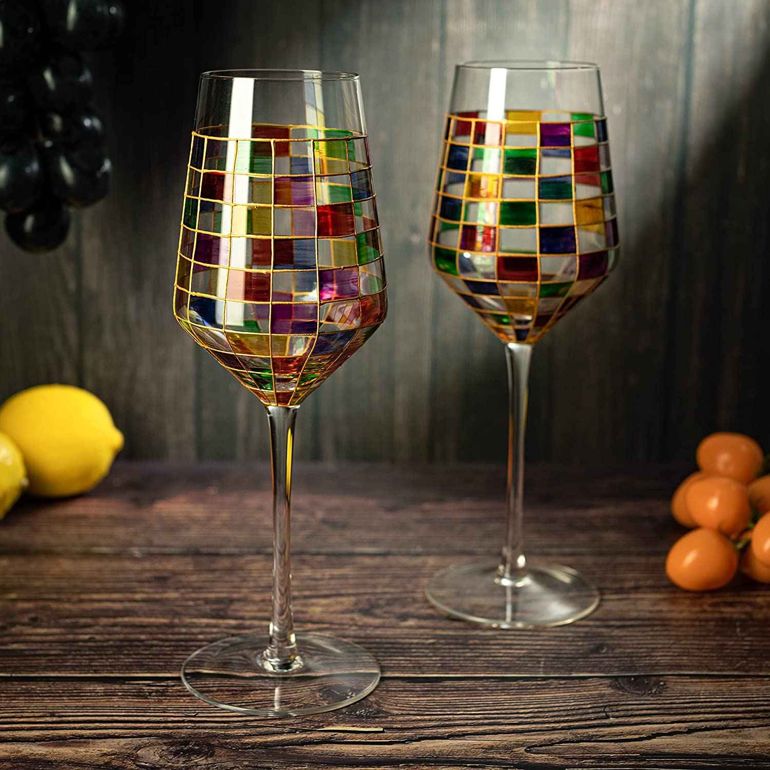 The Wine Savant Renaissance Stained Wine Glasses Set of 2 Festive Colorful Coffee Cups, Multicolored, Home Bar Gift, Colored Drinkware, Rainbow Glassware (Stemmed)