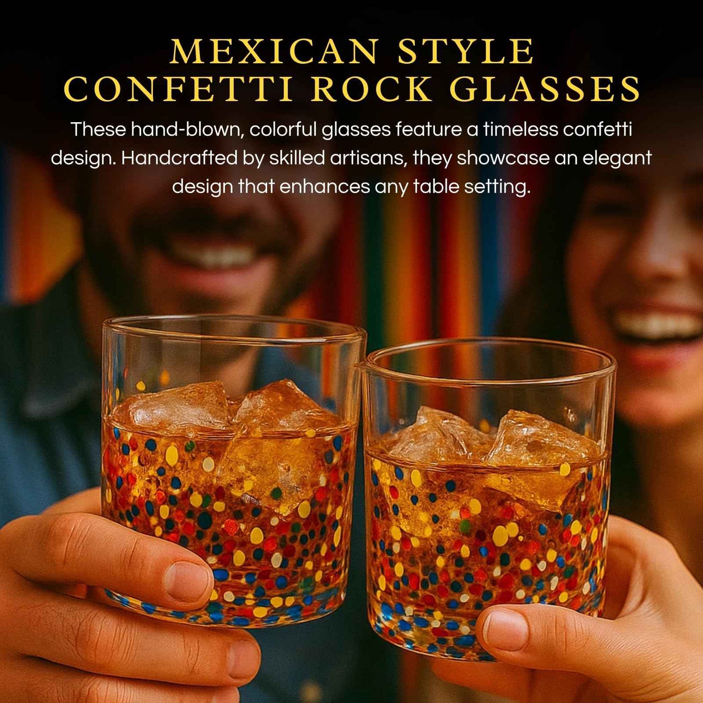 Large Confetti  DOF Glasses – Set of 2- 11oz Luxury Hand Blown Confetti Whiskey, Margarita, Martini, Cocktails, Water, Wine, Dessert & Champagne Glasses Cinco de Mayo, Hand Blown - Mexican Water Glass