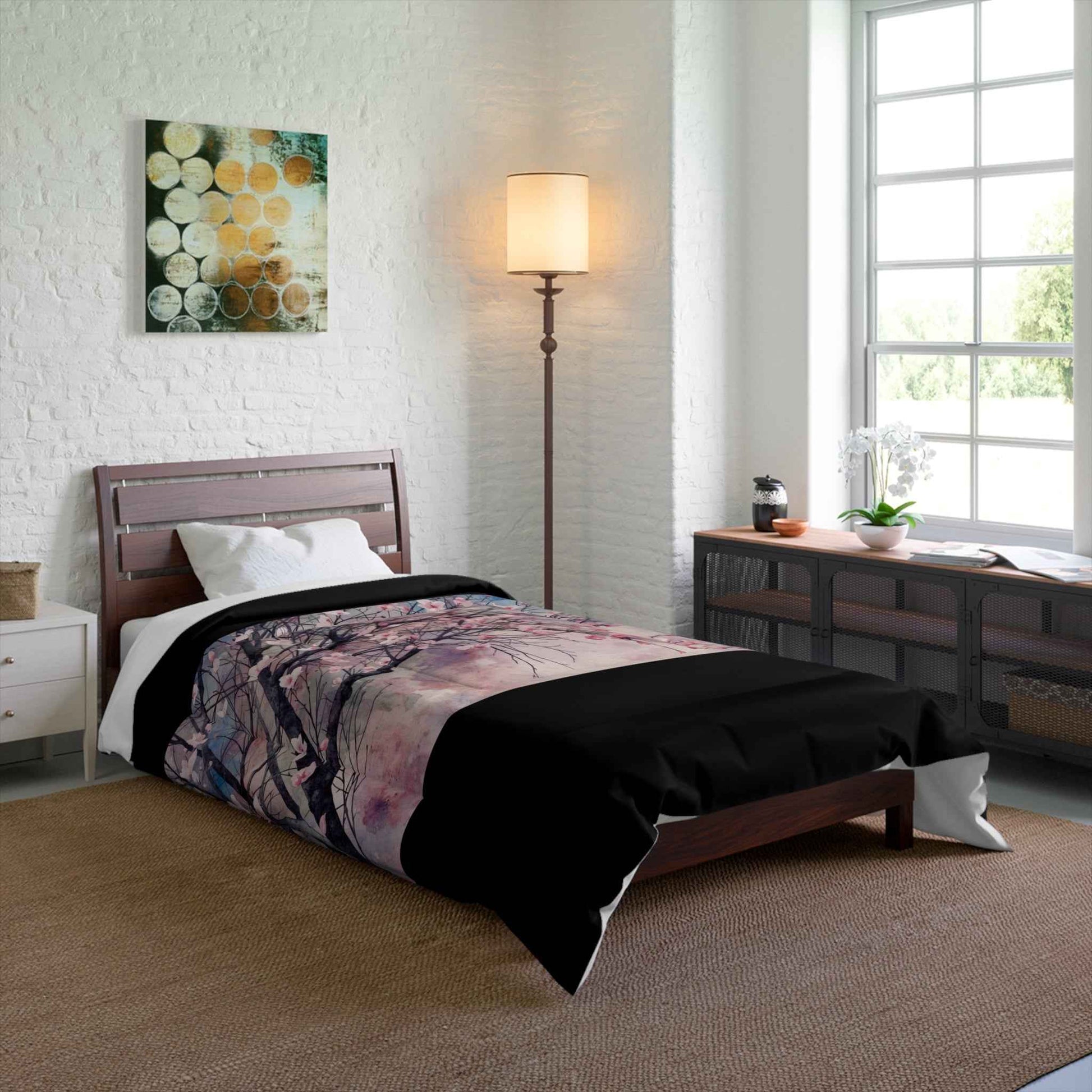 Cherry Blossom Comforter Set Lightweight Pink Watercolor Tree Bedding Microfiber