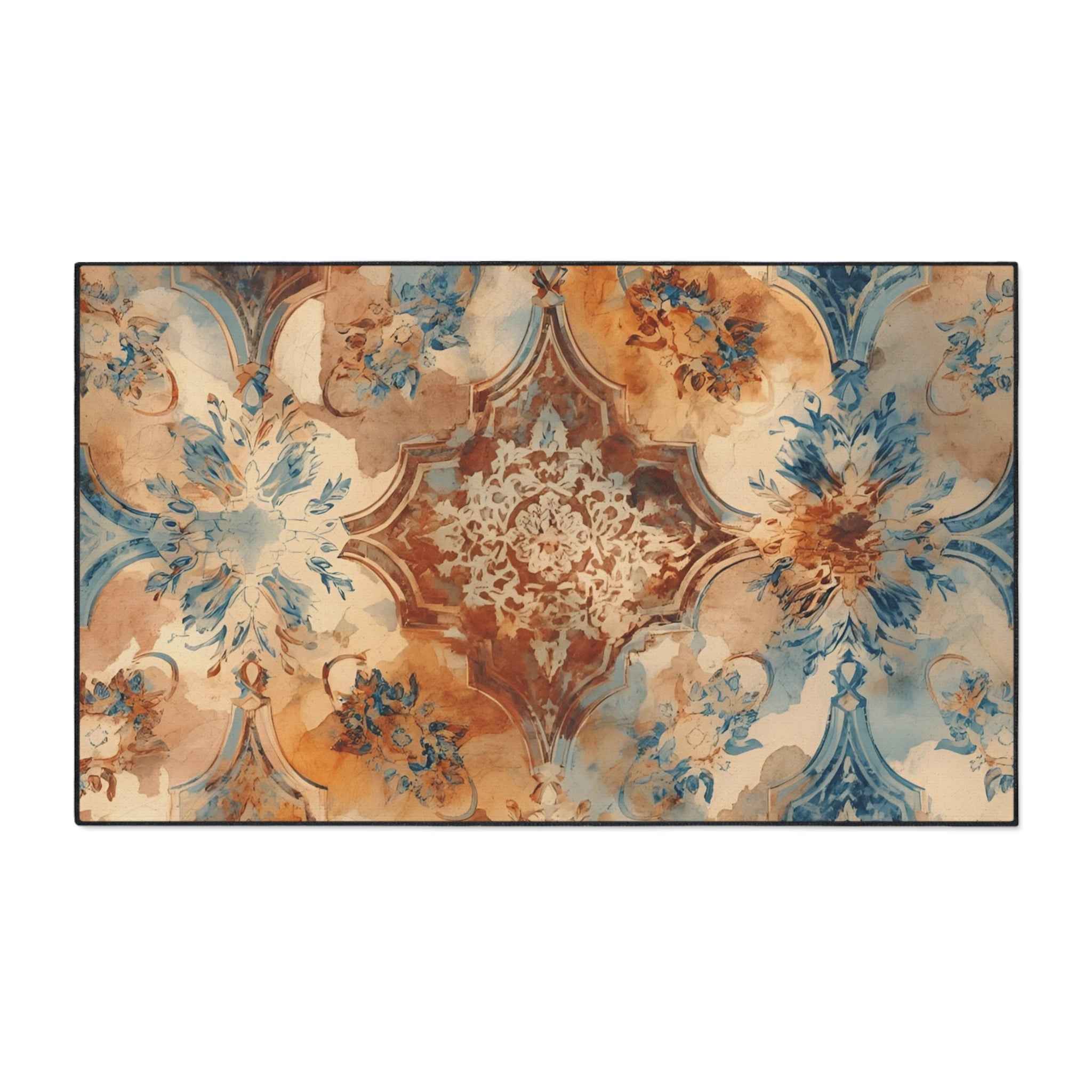 Vintage Floral Heavy-Duty Floor Mat — Ornate Blue & Rust Entry Rug