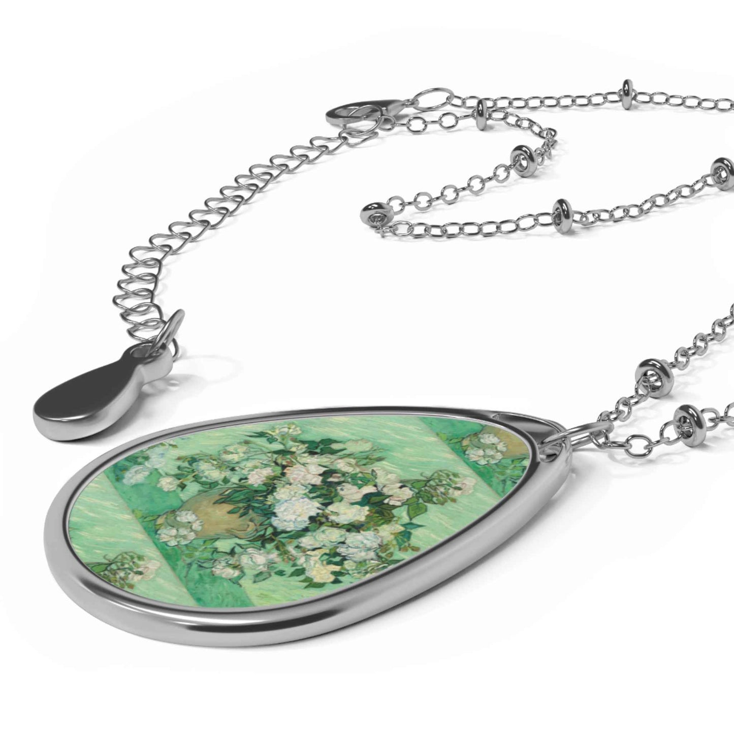 Floral Teardrop Pendant Necklace Vintage Bouquet Oval Locket Print On Aluminum