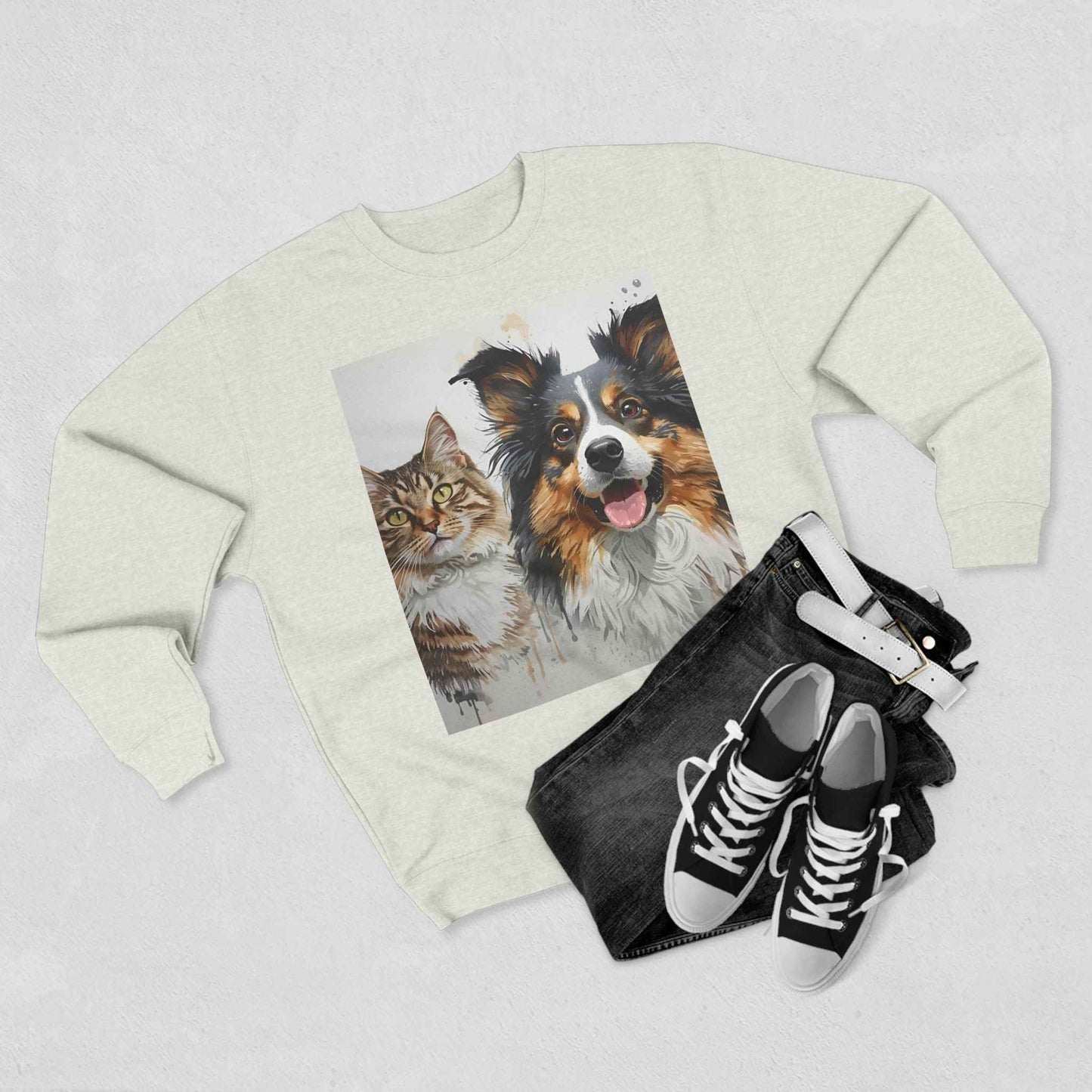 Pet Portrait Crewneck Sweatshirt With Dog And Cat Watercolor Print