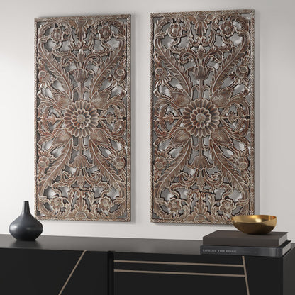 Antique Bronze Distressed Carved Lotus Wall Panels (Set of 2)