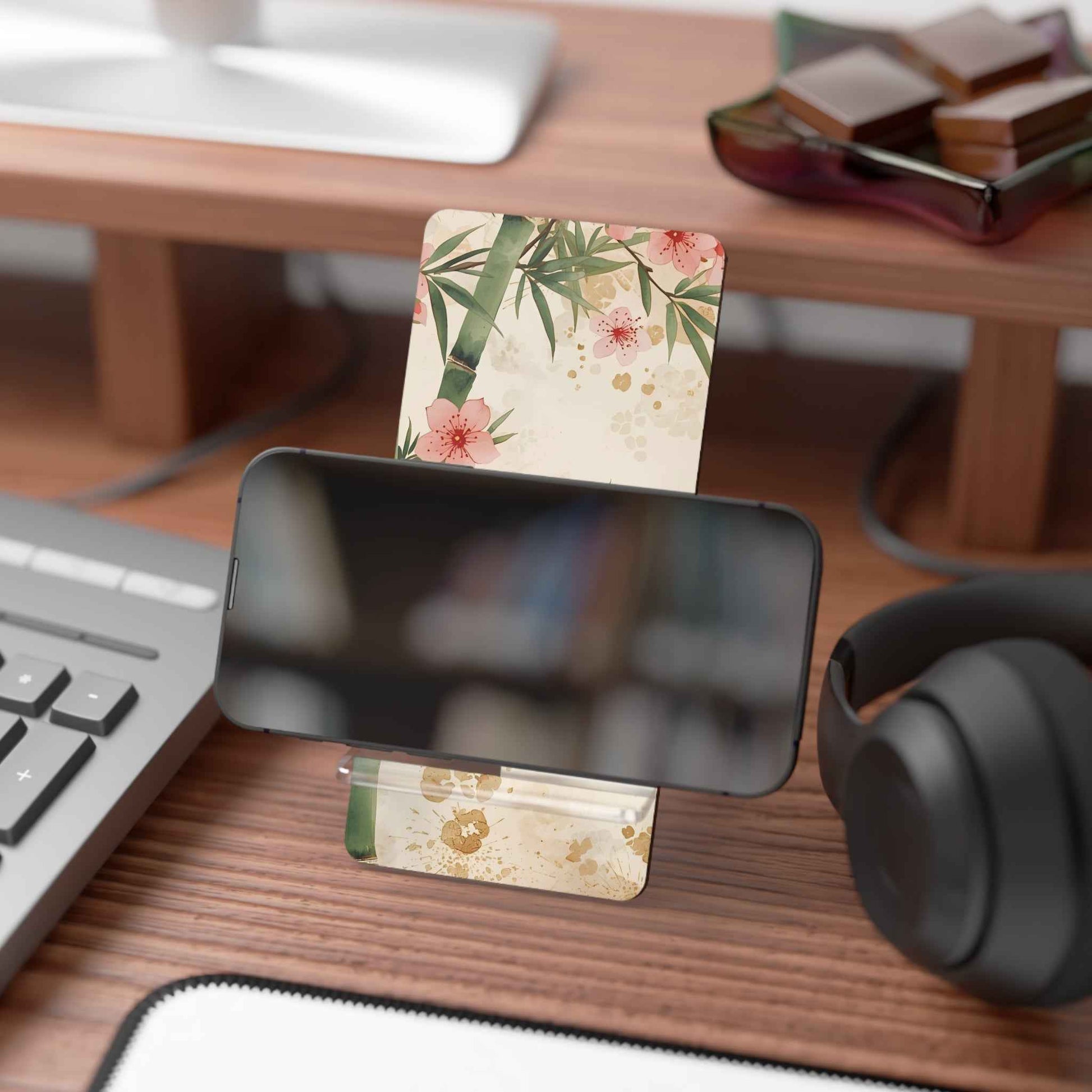 Elegant Bamboo Phone Stand with Cherry Blossom Design